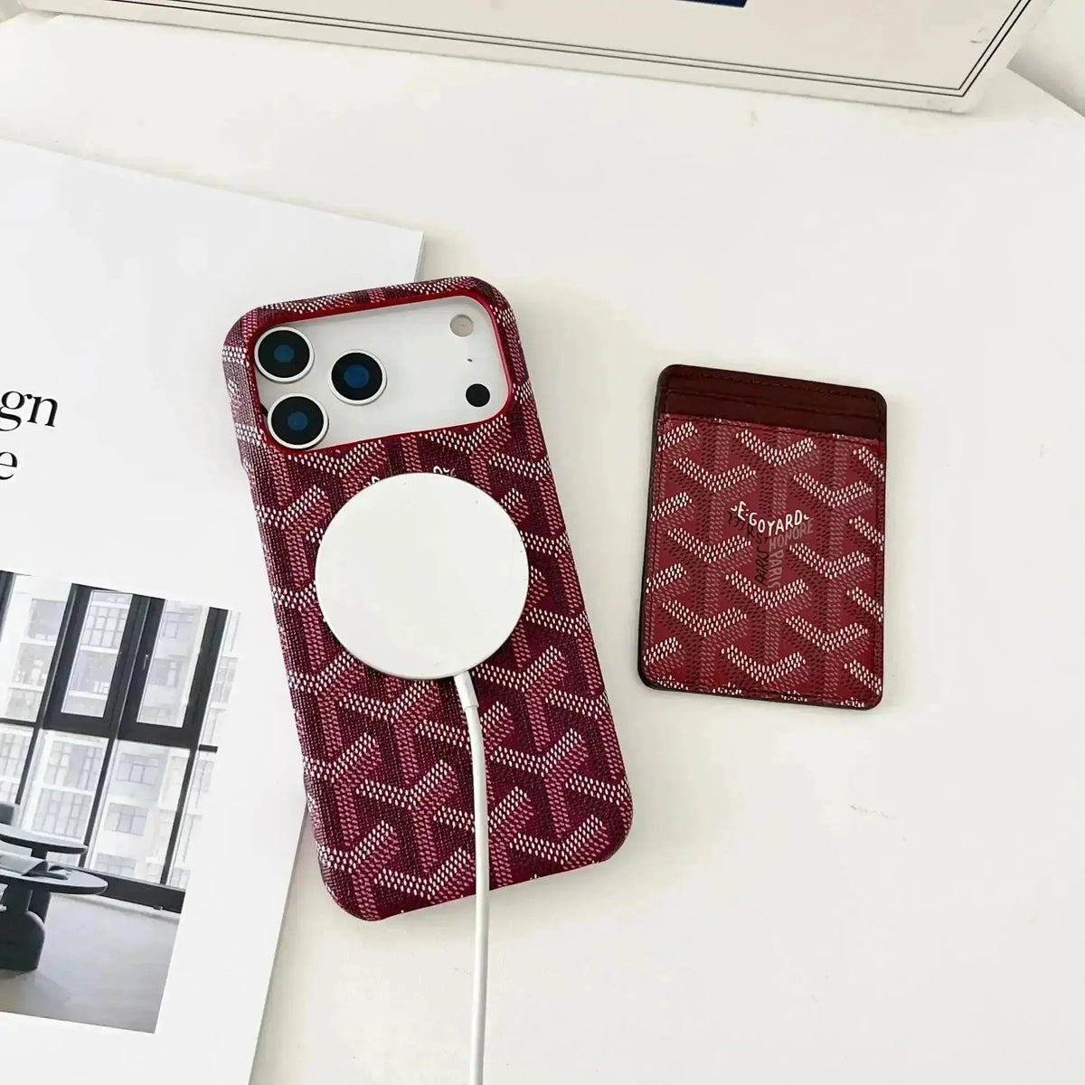 Burgundy Goyard iPhone 18 Pro MagSafe Case with Cardholder, Goyard Pattern - Serene