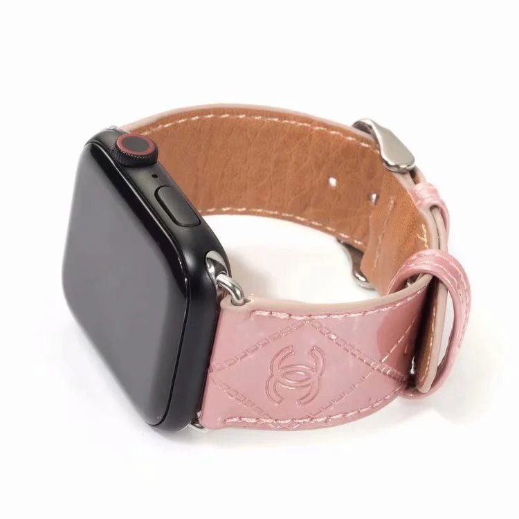 Chanel Glossy Leather Apple Watch Band – Luxury Metal Logo Strap - Serene