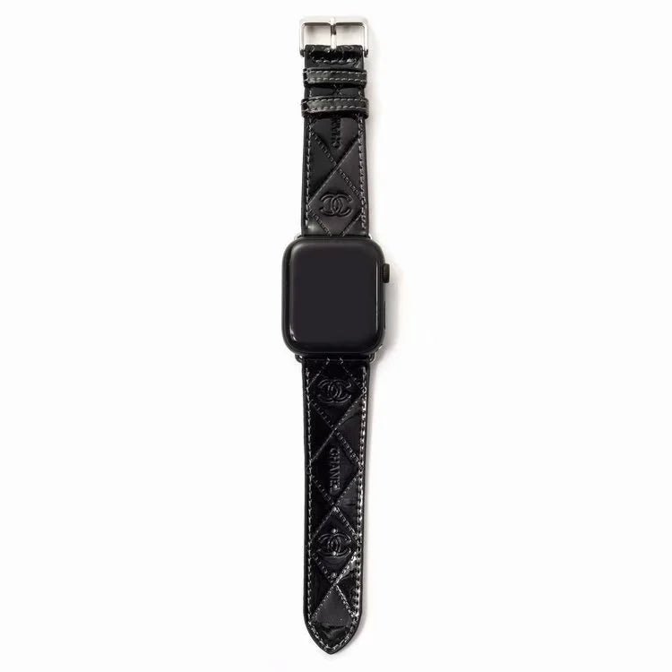 Chanel Glossy Leather Apple Watch Band – Luxury Metal Logo Strap - Serene