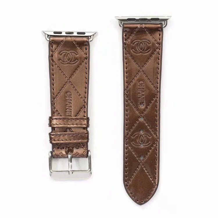 Chanel Glossy Leather Apple Watch Band – Luxury Metal Logo Strap - Serene