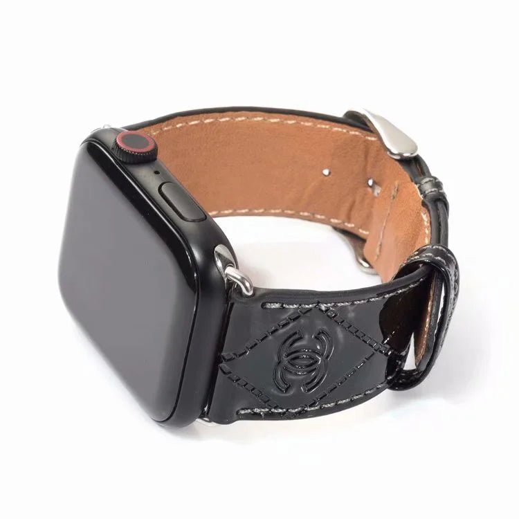 Chanel Glossy Leather Apple Watch Band – Luxury Metal Logo Strap - Serene