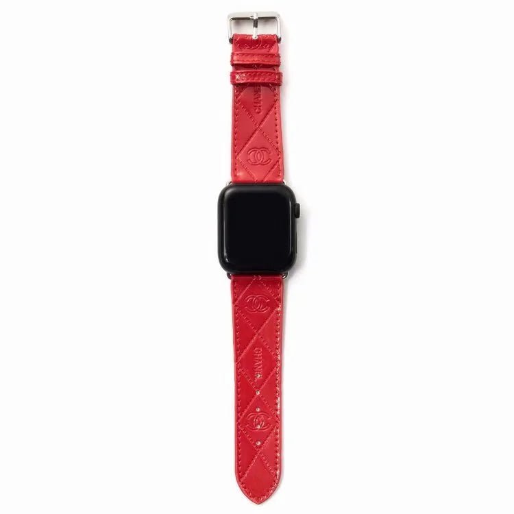 Chanel Glossy Leather Apple Watch Band – Luxury Metal Logo Strap - Serene