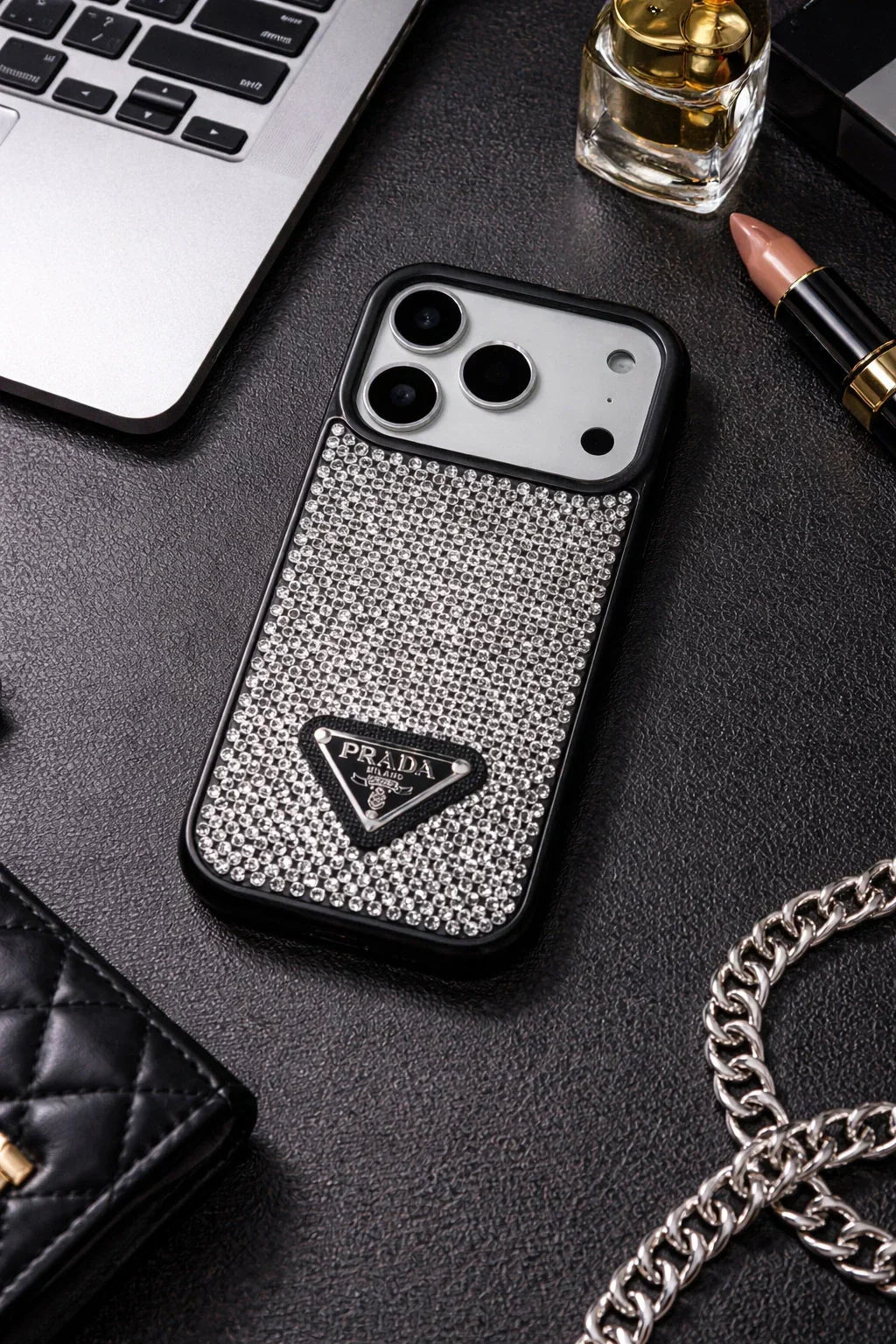 Crystal Black iPhone 18 Pro Case – Quilted Luxury Rhinestone Designer-Style Cover - Serene