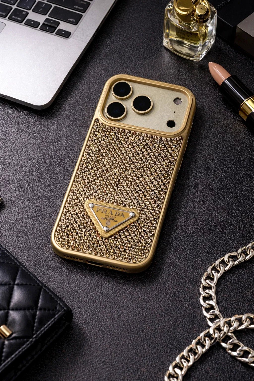 Crystal Gold iPhone 18 Pro Case – Quilted Luxury Rhinestone Designer-Style Cover - Serene