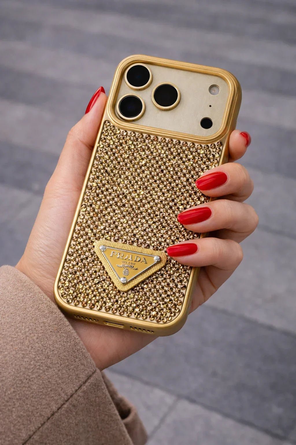 Crystal Gray Prada iPhone 18 Pro Case – Quilted Luxury Rhinestone Designer-Style Cover - Serene