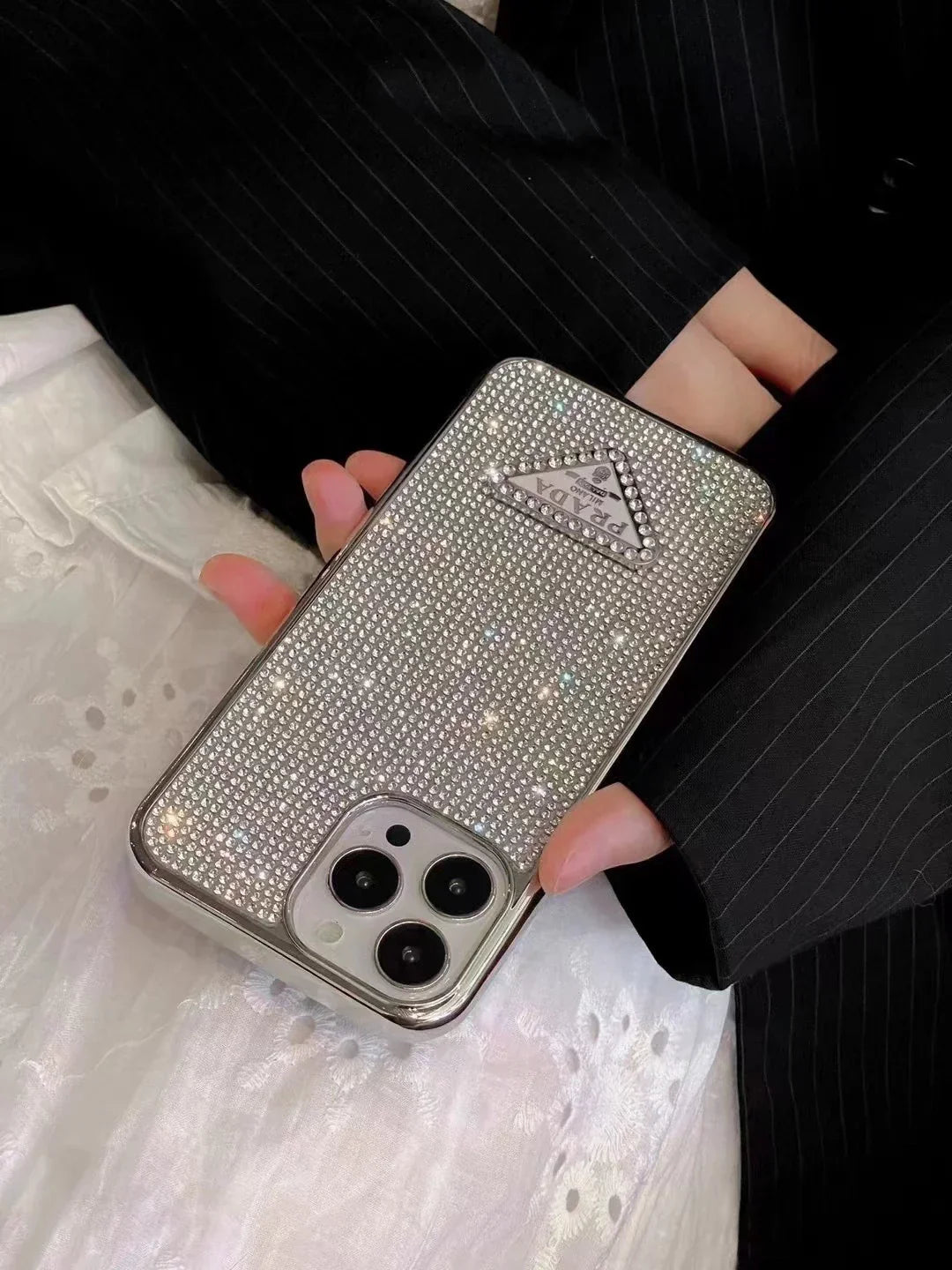 Crystal Prada iPhone 18 Pro Case – Luxury Rhinestone Prada Phone Case Black - Serene
