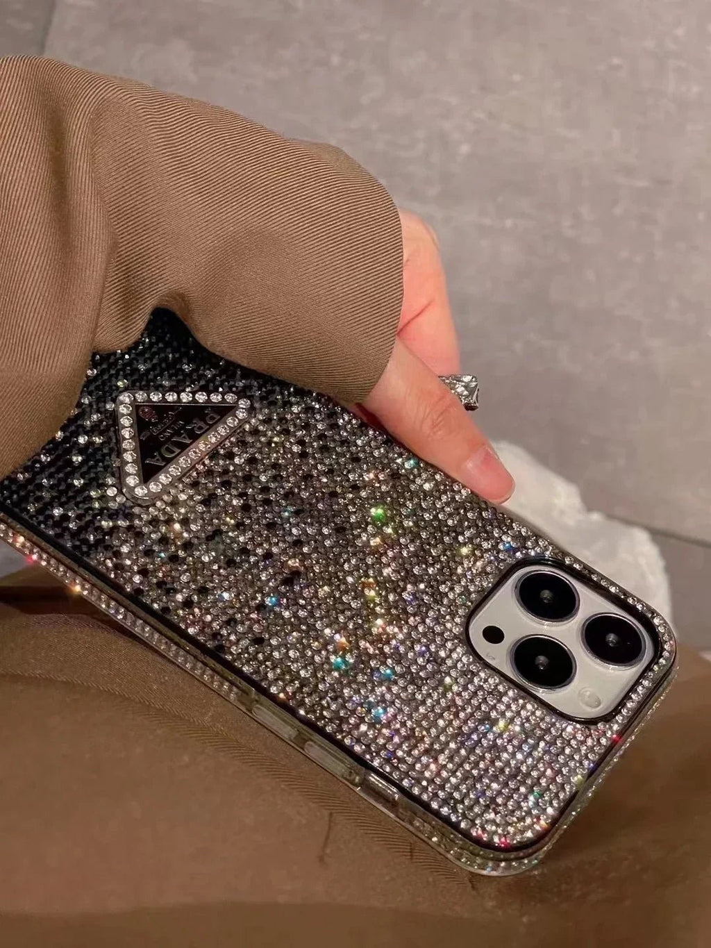 Crystal Prada iPhone 18 Pro Case – Luxury Rhinestone Prada Phone Case Blue - Serene