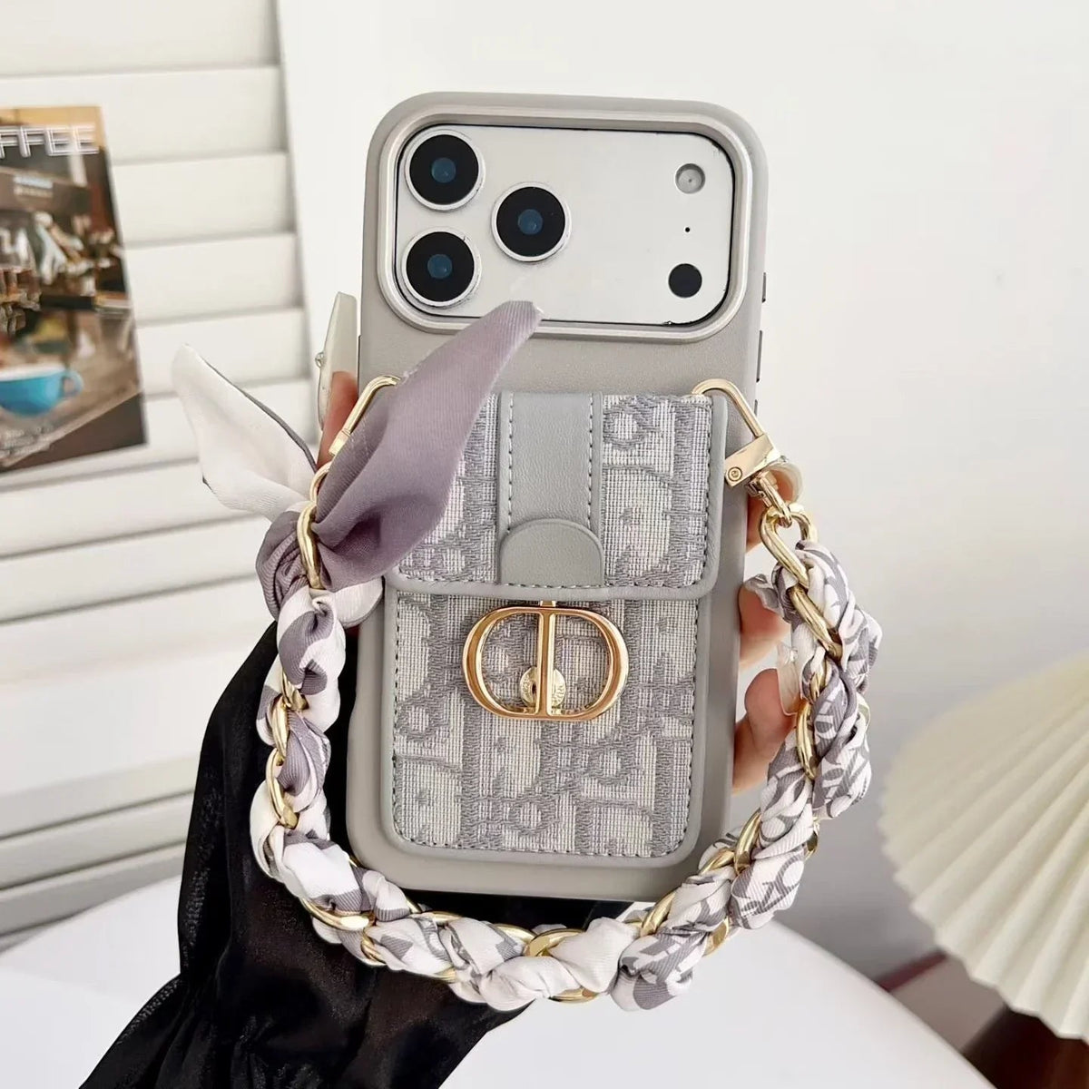 Dior iPhone 17 Pro Max Case with Wallet & 3 Straps – Black Luxury Crossbody Dior Phone Case - Serene