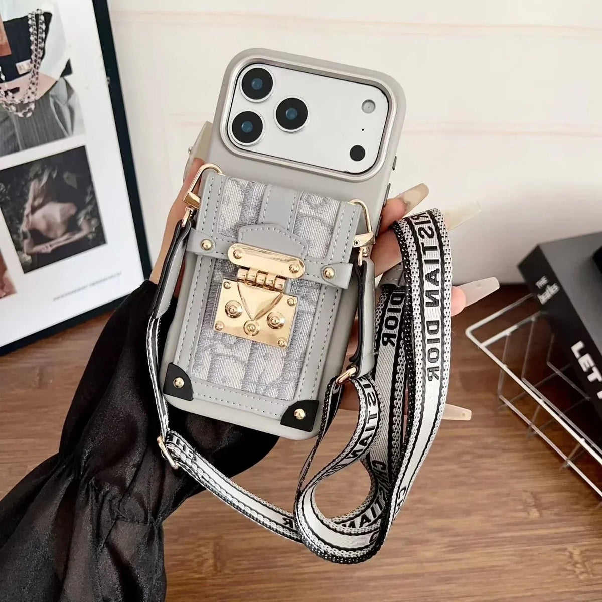 Dior iPhone 17 Pro Max Case with Wallet & 3 Straps – Black Luxury Crossbody Dior Phone Case - Serene
