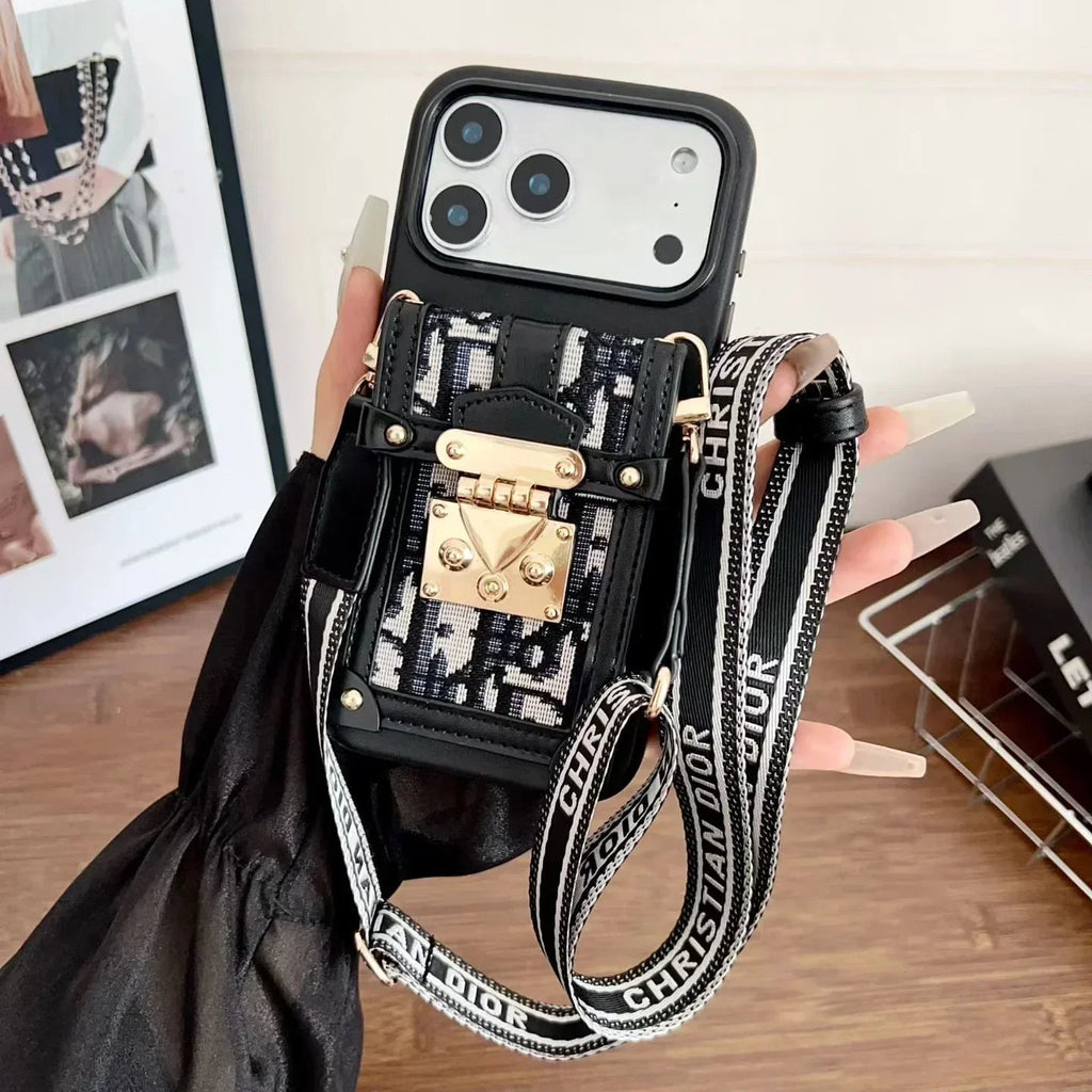 Dior iPhone 17 Pro Max Case with Wallet & 3 Straps – Black Luxury Crossbody Dior Phone Case - Serene
