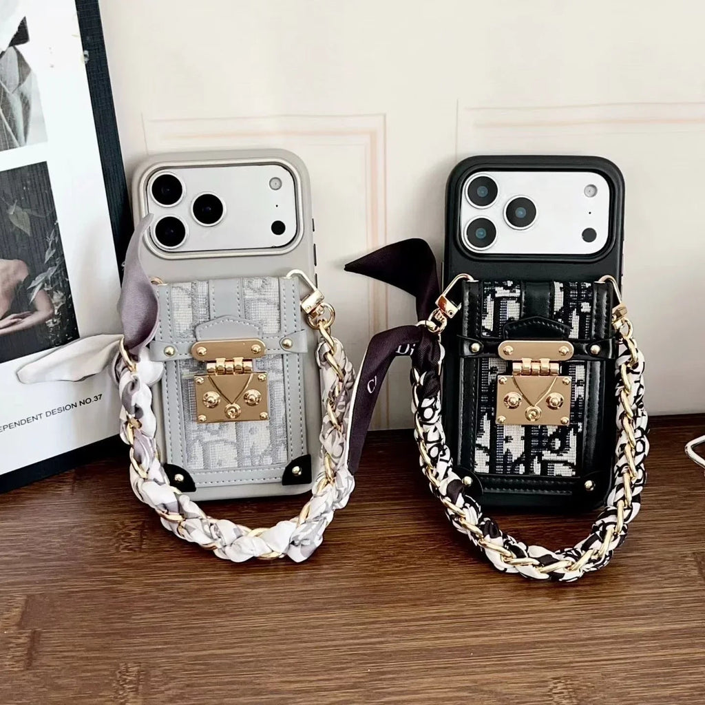 Dior iPhone 17 Pro Max Case with Wallet & 3 Straps – Black Luxury Crossbody Dior Phone Case - Serene