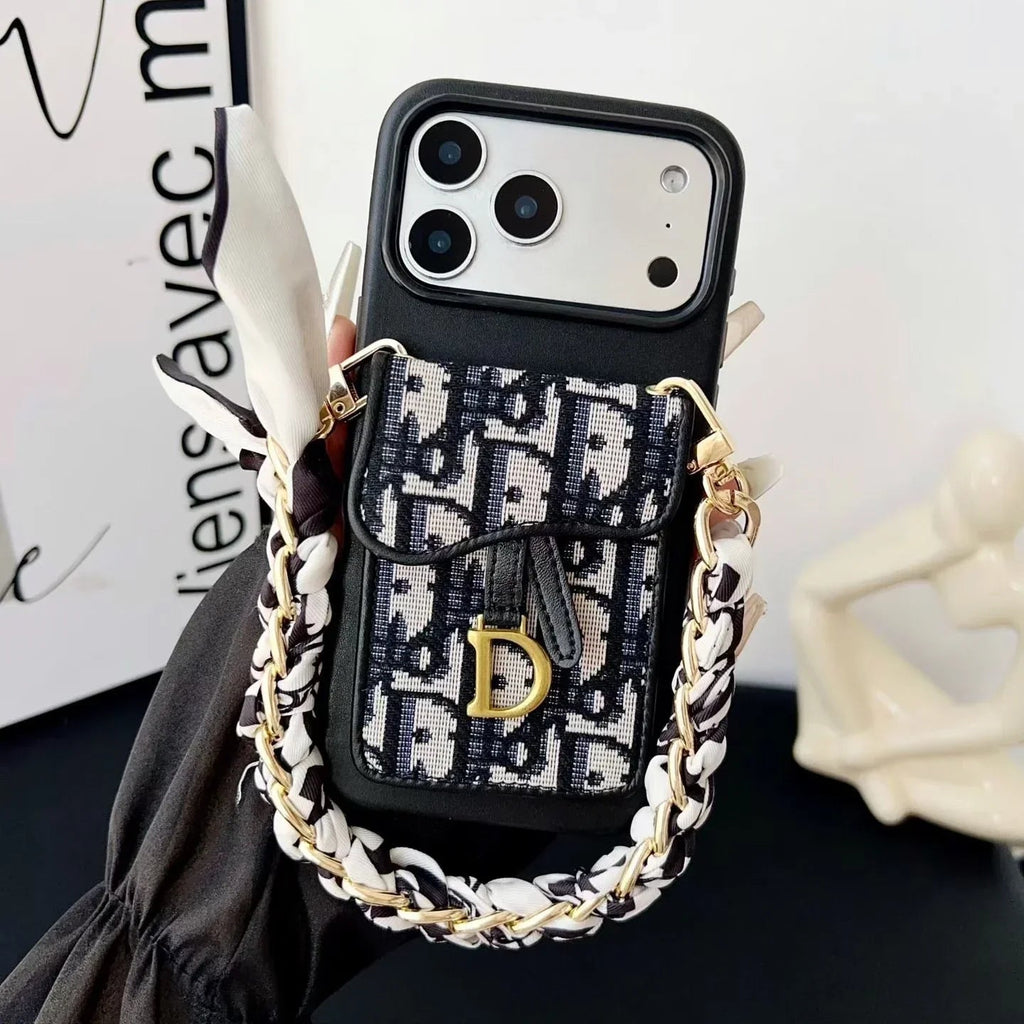 Dior iPhone 17 Pro Max Case with Wallet & 3 Straps – Black Luxury Crossbody Dior Phone Case - Serene