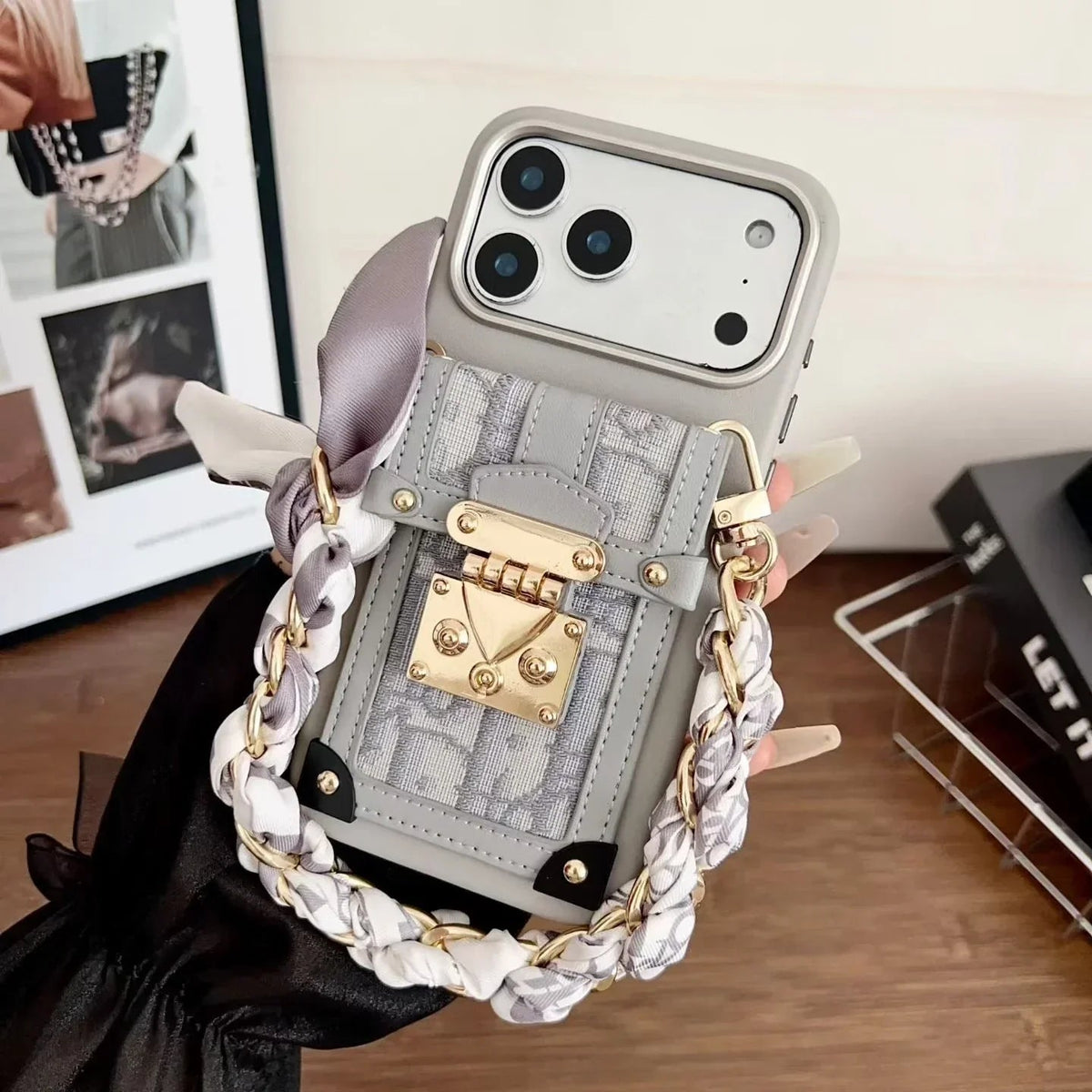 Dior iPhone 17 Pro Max Case with Wallet & 3 Straps – Black Luxury Crossbody Dior Phone Case - Serene