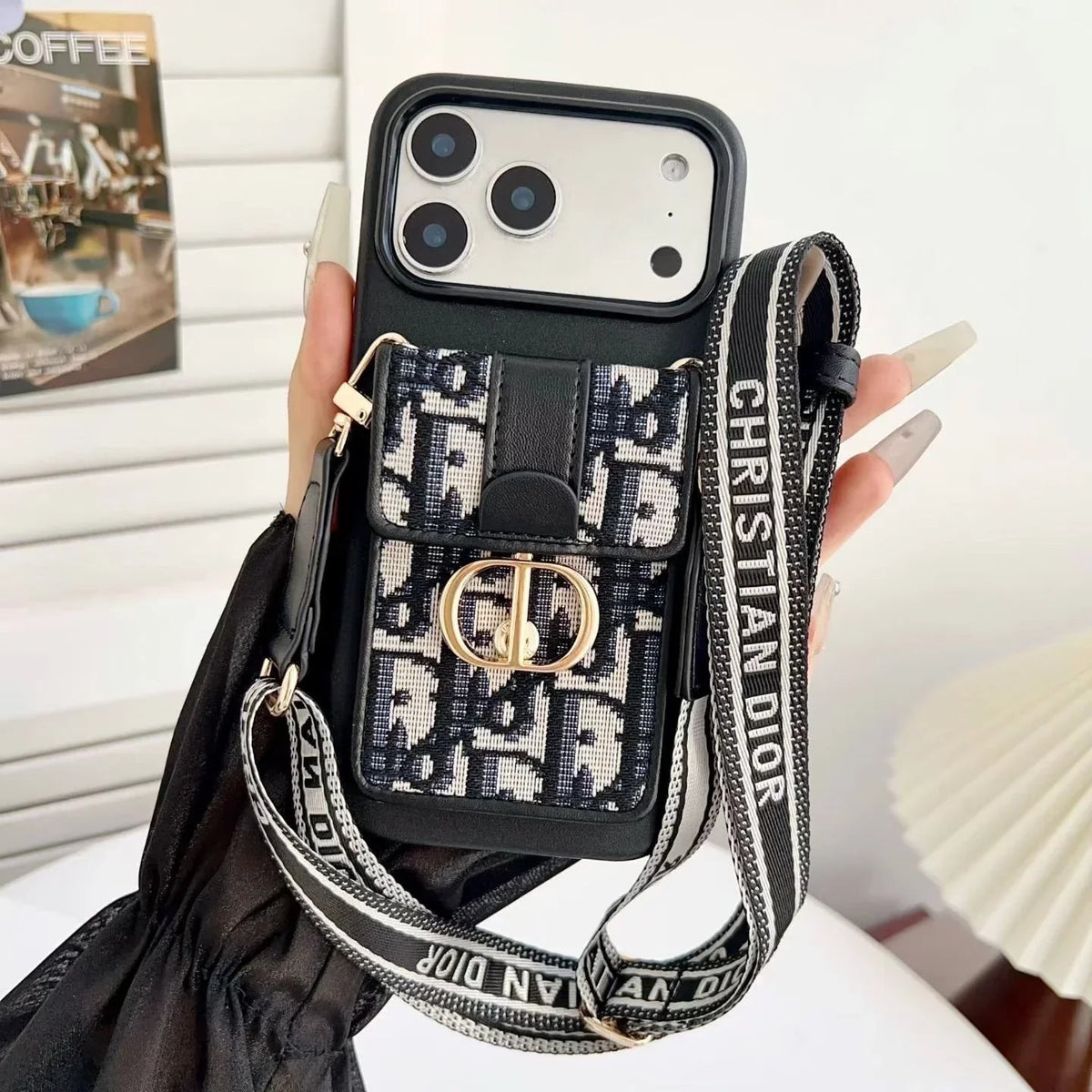 Dior iPhone 17 Pro Max Case with Wallet & 3 Straps – Black Luxury Crossbody Dior Phone Case - Serene