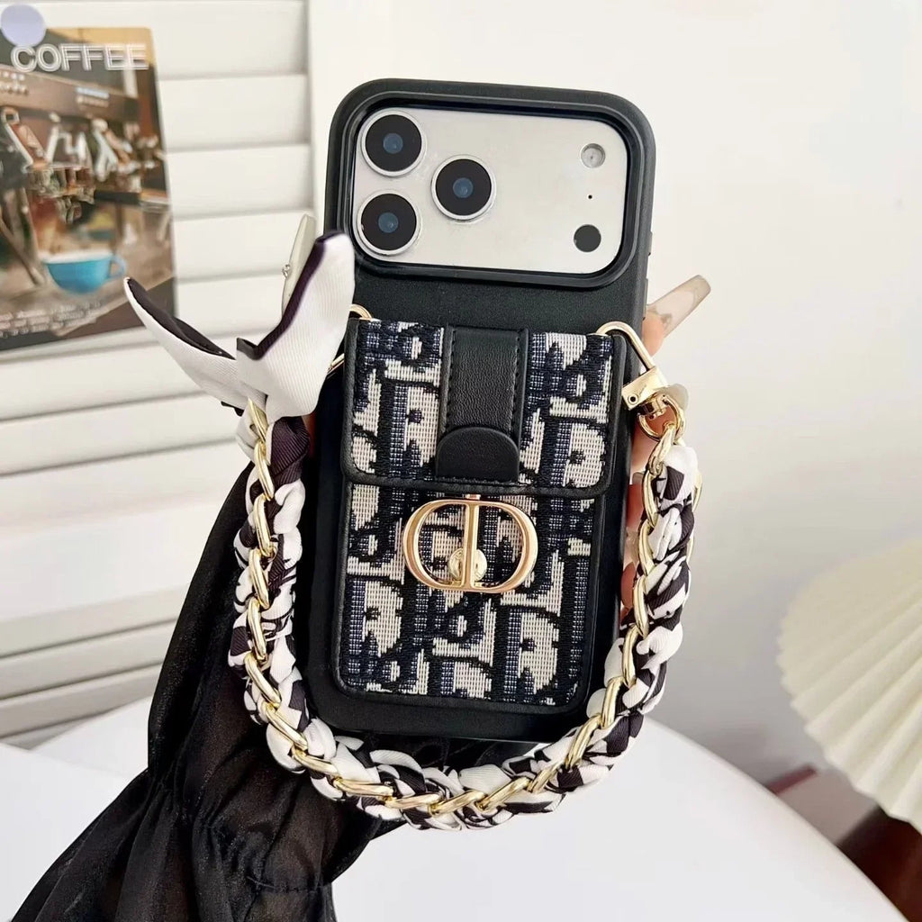 Dior iPhone 17 Pro Max Case with Wallet & 3 Straps – Black Luxury Crossbody Dior Phone Case - Serene