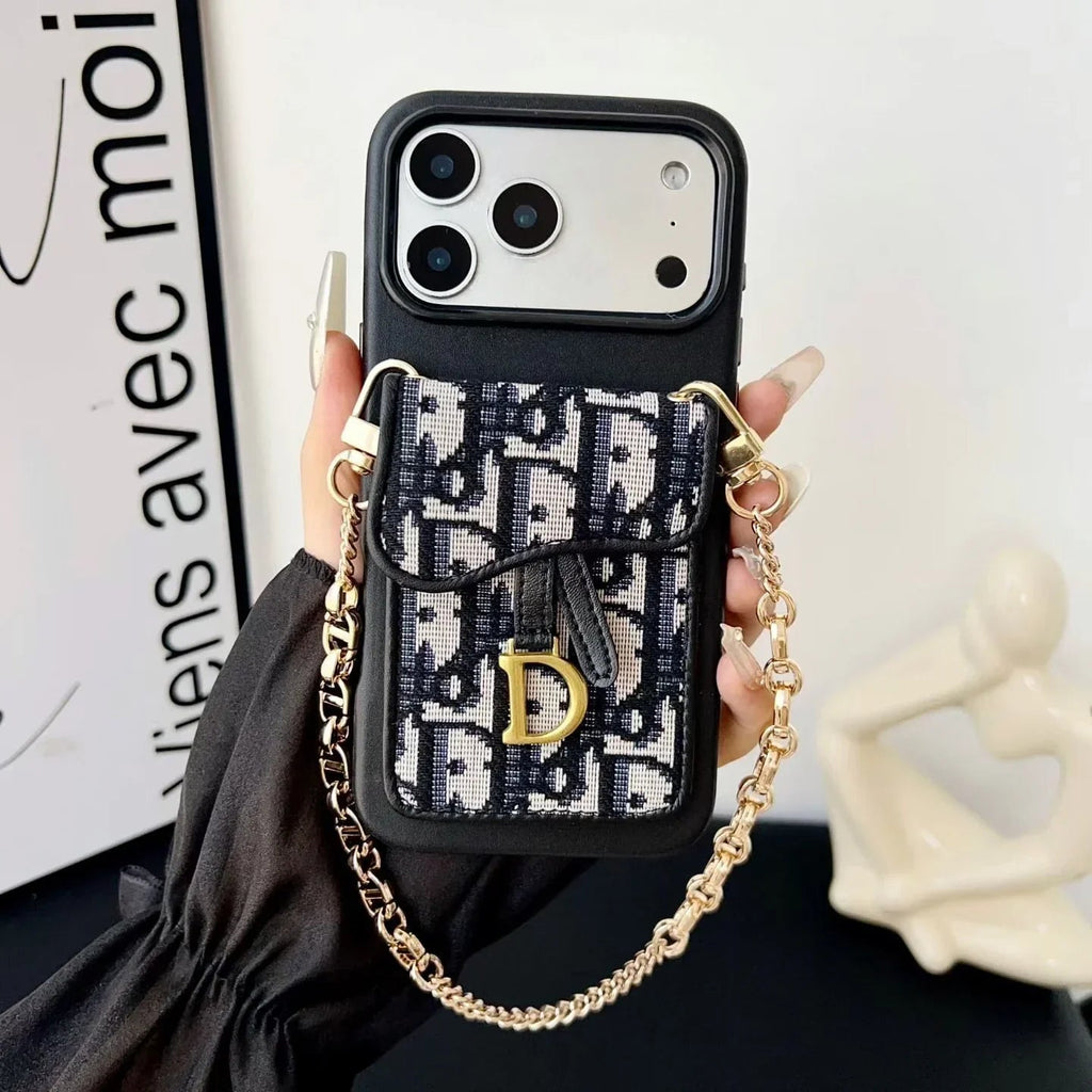Dior iPhone 17 Pro Max Case with Wallet & 3 Straps – Black Luxury Crossbody Dior Phone Case - Serene