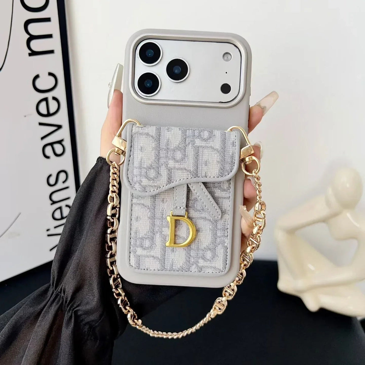 Dior iPhone 17 Pro Max Case with Wallet & 3 Straps – Black Luxury Crossbody Dior Phone Case - Serene