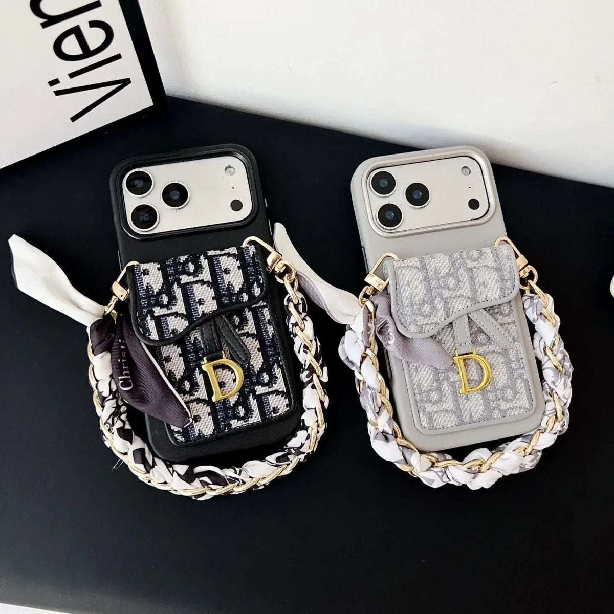 Dior iPhone 17 Pro Max Case with Wallet & 3 Straps – Black Luxury Crossbody Dior Phone Case - Serene