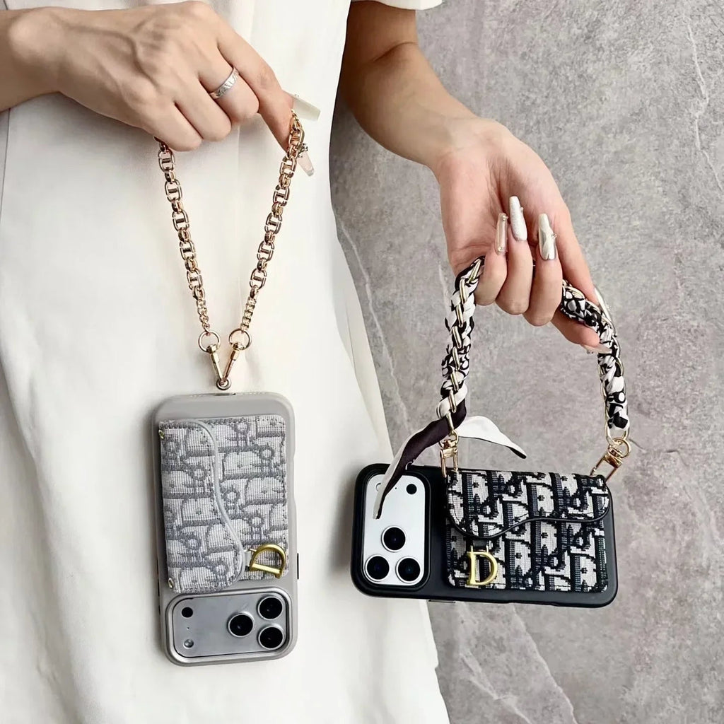 Dior iPhone 17 Pro Max Case with Wallet & 3 Straps – Black Luxury Crossbody Dior Phone Case - Serene
