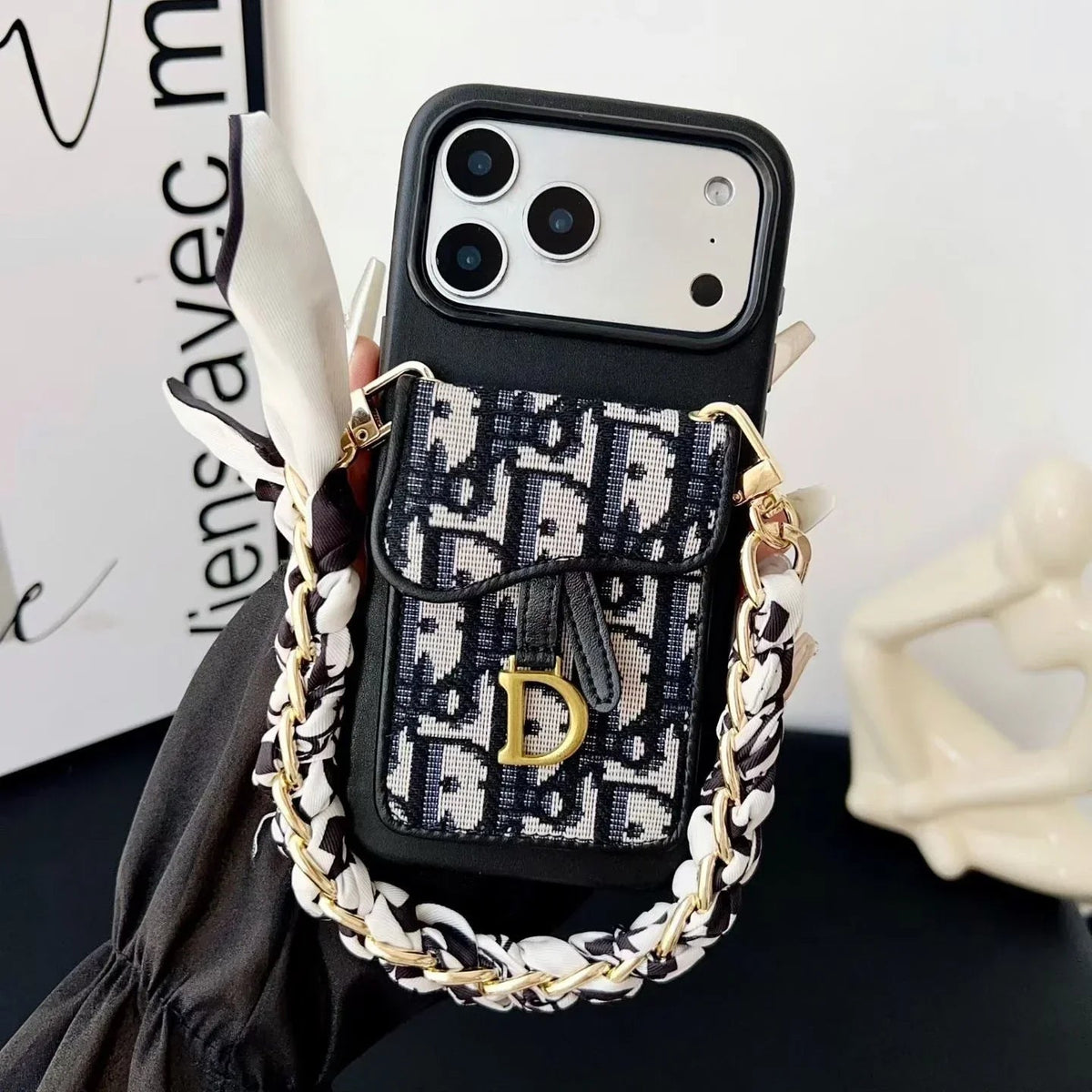 Dior iPhone 17 Pro Max Case with Wallet & 3 Straps – Gray Luxury Crossbody Dior Phone Case - Serene
