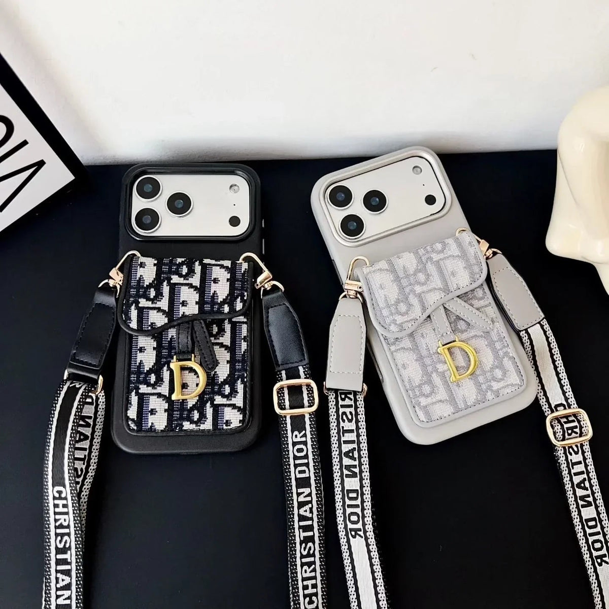 Dior iPhone 17 Pro Max Case with Wallet & 3 Straps – Gray Luxury Crossbody Dior Phone Case - Serene