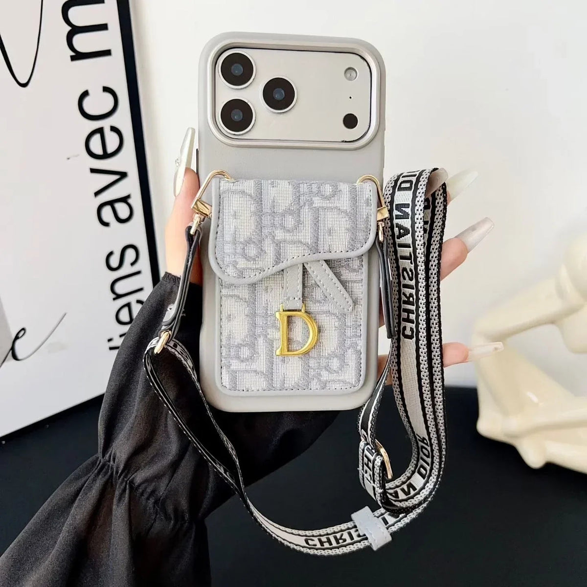Dior iPhone 17 Pro Max Case with Wallet & 3 Straps – Gray Luxury Crossbody Dior Phone Case - Serene