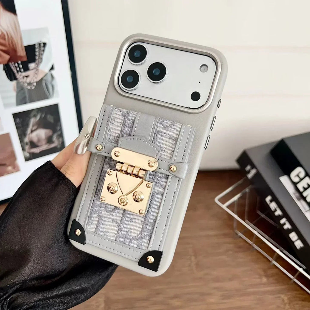 Dior iPhone 17 Pro Max Case with Wallet & 3 Straps – Gray Luxury Crossbody Dior Phone Case - Serene