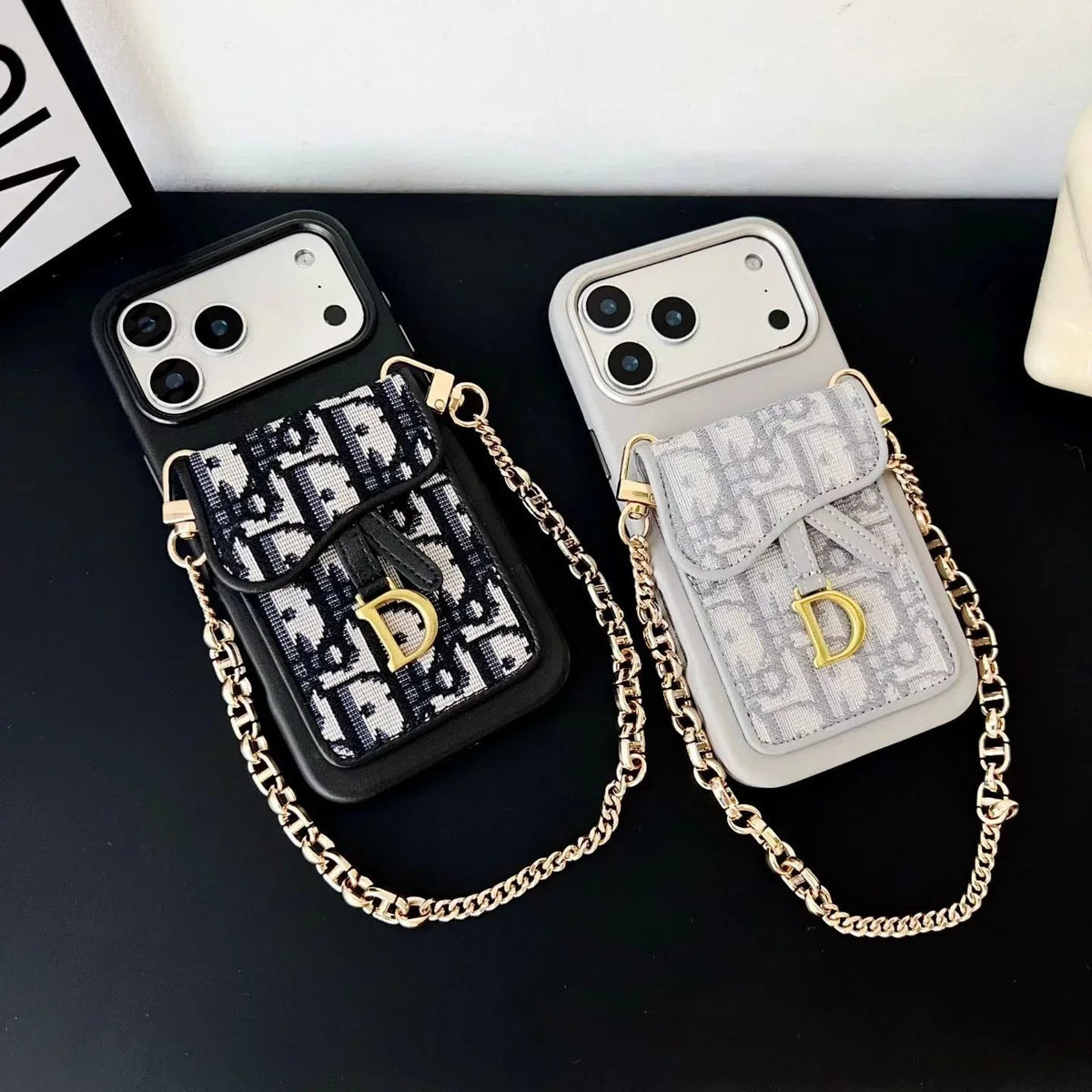 Dior iPhone 17 Pro Max Case with Wallet & 3 Straps – Gray Luxury Crossbody Dior Phone Case - Serene