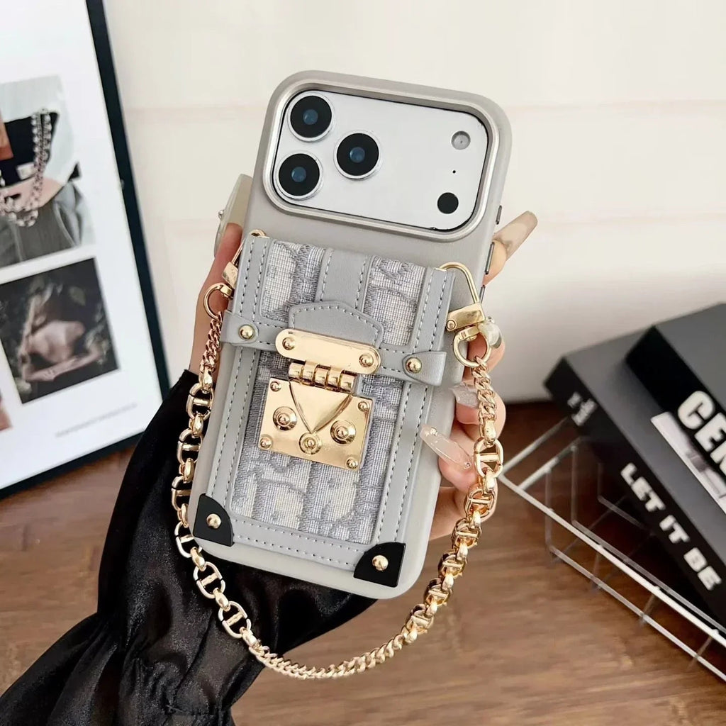 Dior iPhone 17 Pro Max Case with Wallet & 3 Straps – Gray Luxury Crossbody Dior Phone Case - Serene