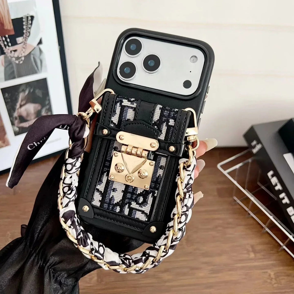 Dior iPhone 17 Pro Max Case with Wallet & 3 Straps – Gray Luxury Crossbody Dior Phone Case - Serene