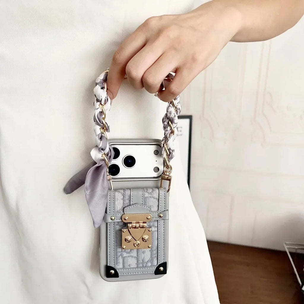 Dior iPhone 17 Pro Max Case with Wallet & 3 Straps – Gray Luxury Crossbody Dior Phone Case - Serene