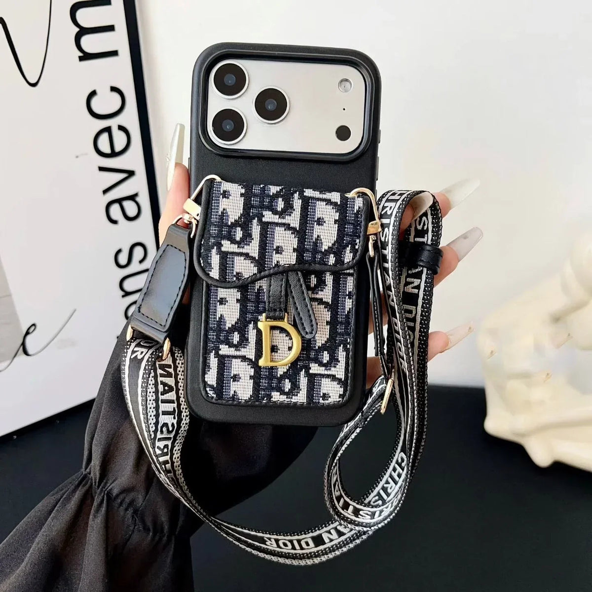 Dior iPhone 17 Pro Max Case with Wallet & 3 Straps – Gray Luxury Crossbody Dior Phone Case - Serene