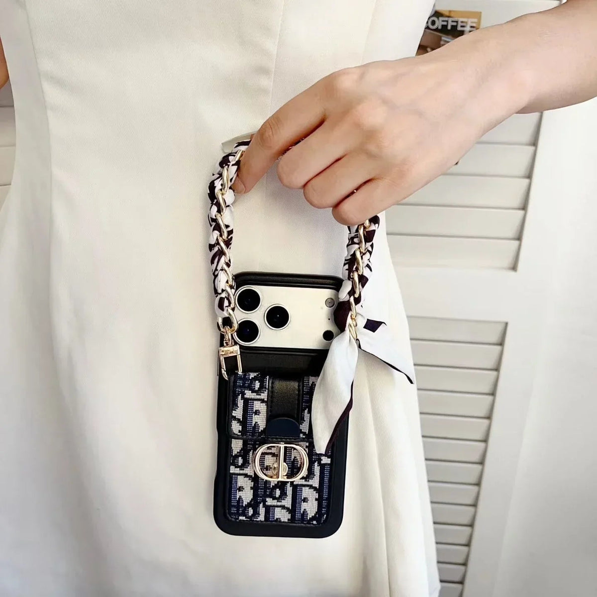 Dior iPhone 17 Pro Max Case with Wallet & 3 Straps – Gray Luxury Crossbody Dior Phone Case - Serene