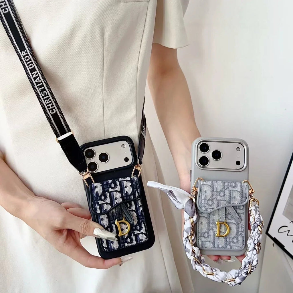 Dior iPhone 17 Pro Max Case with Wallet & 3 Straps – Gray Luxury Crossbody Dior Phone Case - Serene