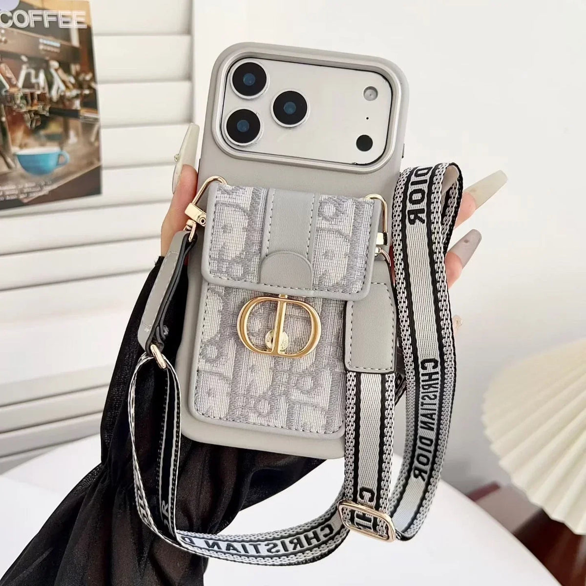 Dior iPhone 17 Pro Max Case with Wallet & 3 Straps – Luxury Crossbody Dior Phone Case - Serene