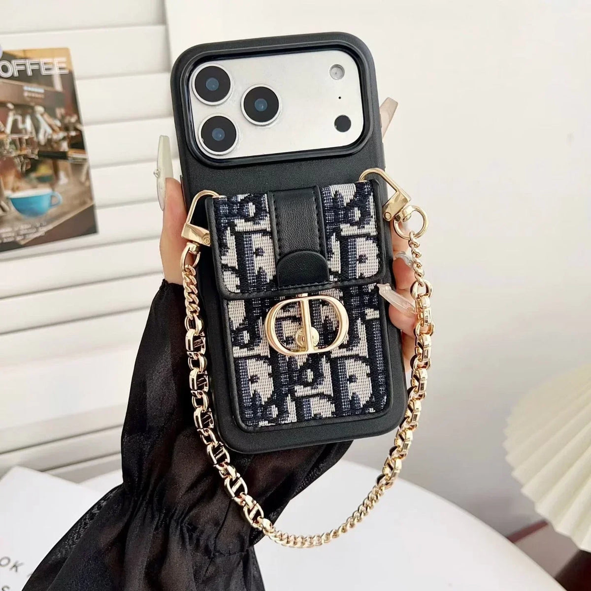 Dior iPhone 17 Pro Max Case with Wallet & 3 Straps – Luxury Crossbody Dior Phone Case - Serene