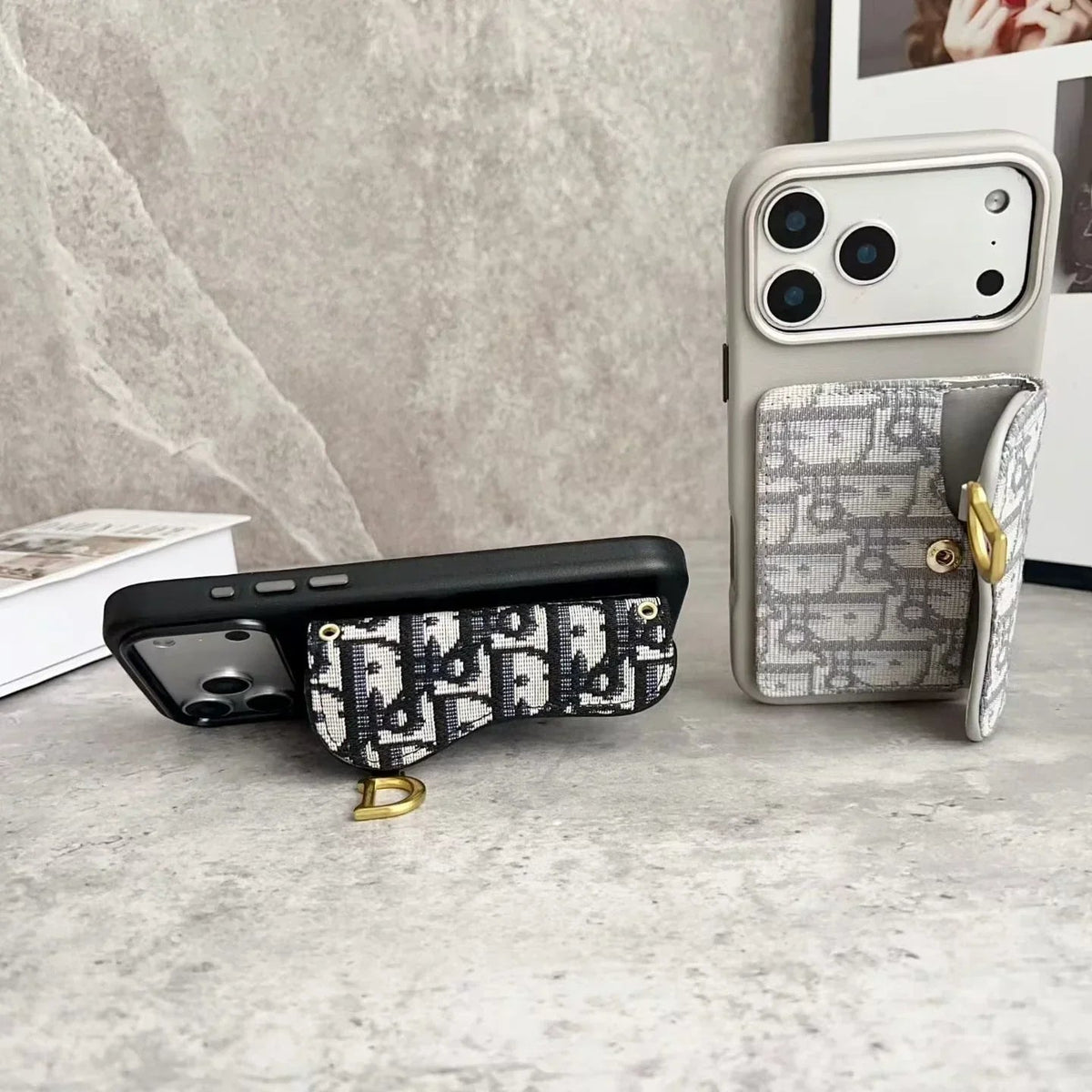 Dior iPhone 17 Pro Max Wallet Case with Card Holder – Gray Dior Oblique Flip Cover - Serene