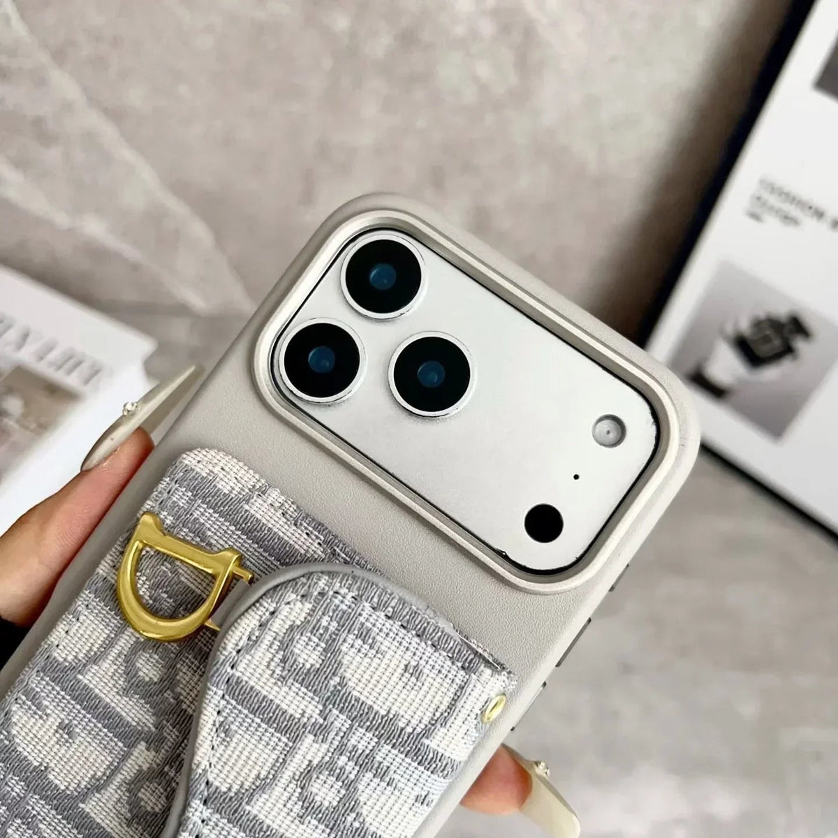Dior iPhone 17 Pro Max Wallet Case with Card Holder – Gray Dior Oblique Flip Cover - Serene