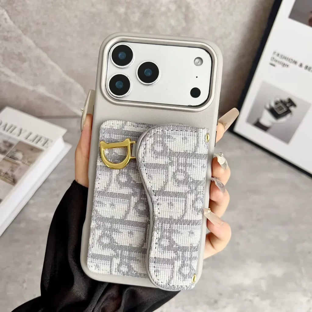 Dior iPhone 17 Pro Max Wallet Case with Card Holder – Gray Dior Oblique Flip Cover - Serene