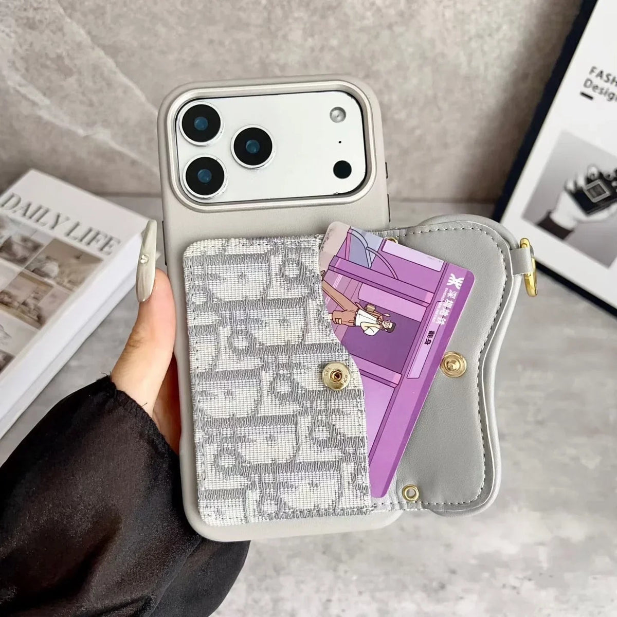 Dior iPhone 17 Pro Max Wallet Case with Card Holder – Gray Dior Oblique Flip Cover - Serene