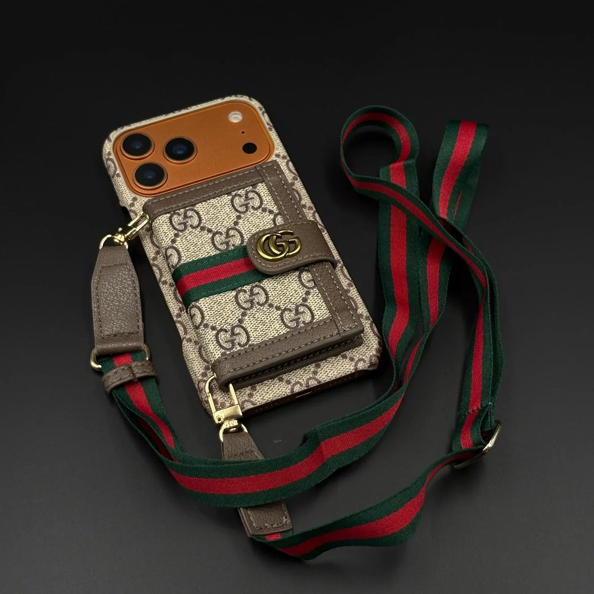 GG Monogram Gucci iPhone 18 Pro Case with Card Holder & Detachable Strap – Luxury Gucci Phone Case - Serene