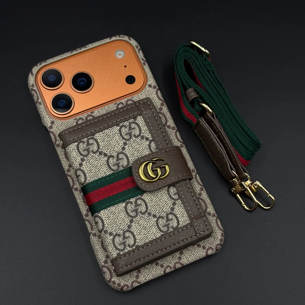 GG Monogram Gucci iPhone 18 Pro Case with Card Holder & Detachable Strap – Luxury Gucci Phone Case - Serene