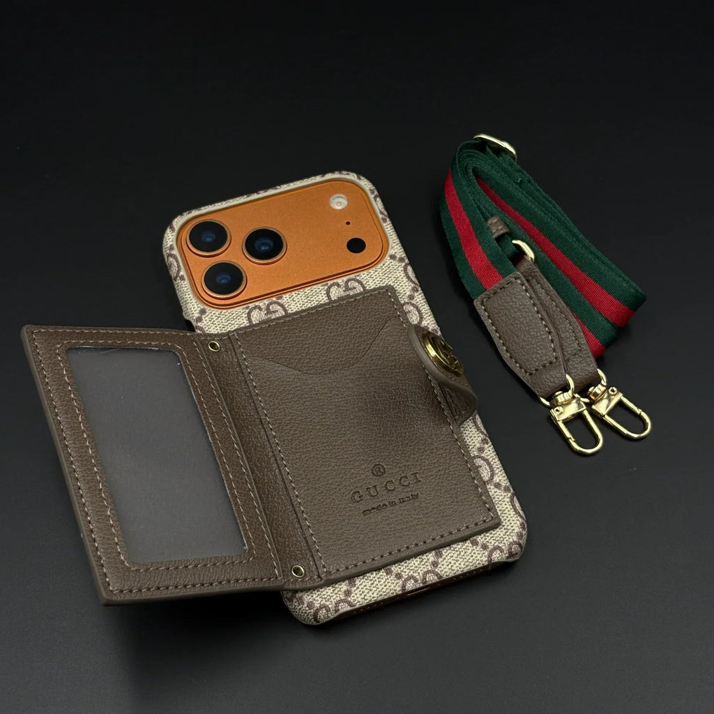 GG Monogram Gucci iPhone 18 Pro Case with Card Holder & Detachable Strap – Luxury Gucci Phone Case - Serene