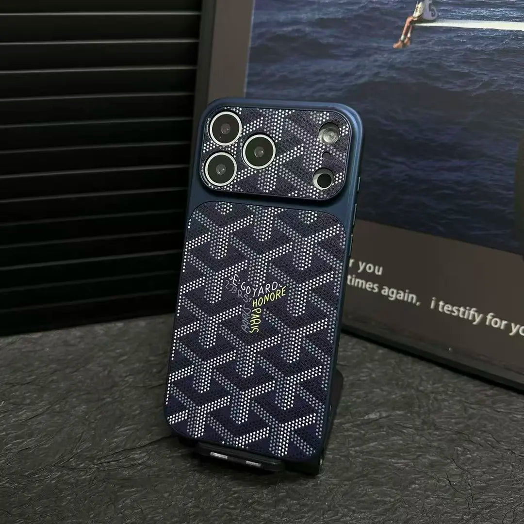 Goyard iPhone 18 Pro Leather Case – Vintage Monogram Luxury Cover Silver - Serene