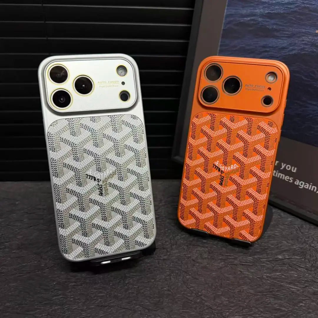 Goyard iPhone 18 Pro Leather Case – Vintage Monogram Luxury Cover Silver - Serene