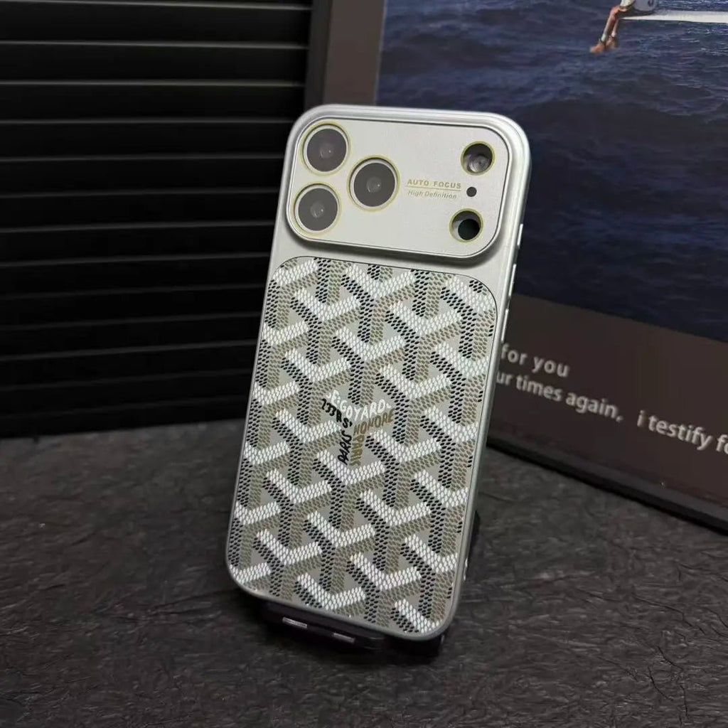Goyard iPhone 18 Pro Leather Case – Vintage Monogram Luxury Cover Silver - Serene