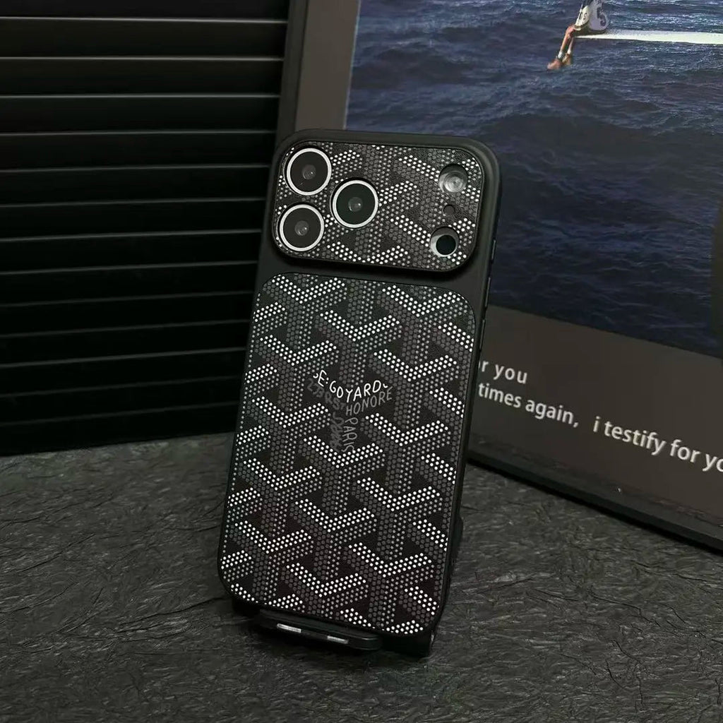 Goyard iPhone 18 Pro Leather Case – Vintage Monogram Luxury Cover Silver - Serene