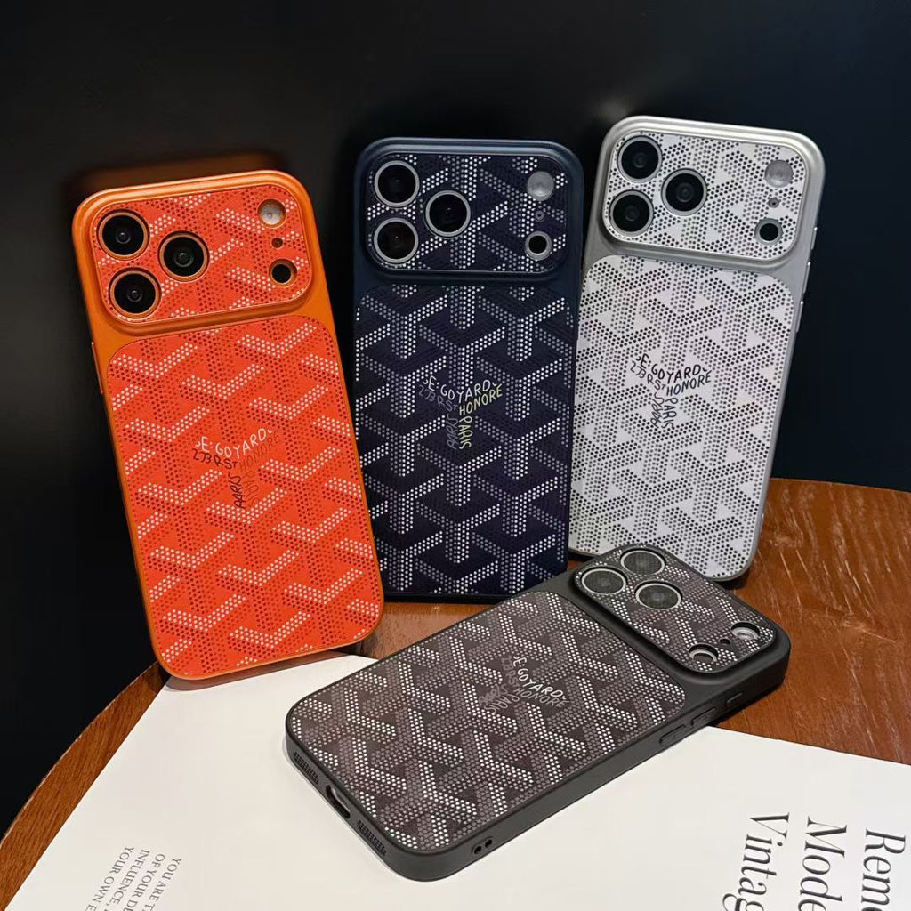 Goyard iPhone 18 Pro Leather Case – Vintage Monogram Luxury Cover Silver - Serene