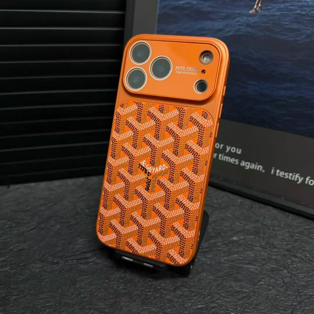 Goyard iPhone 18 Pro Leather Case – Vintage Monogram Luxury Cover Silver - Serene