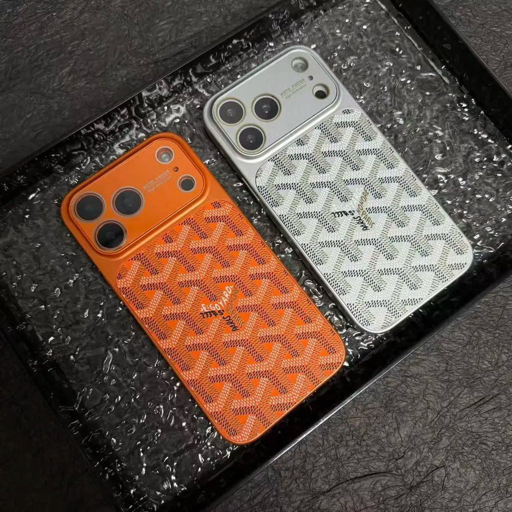 Goyard iPhone 18 Pro Leather Case – Vintage Monogram Luxury Cover Silver - Serene